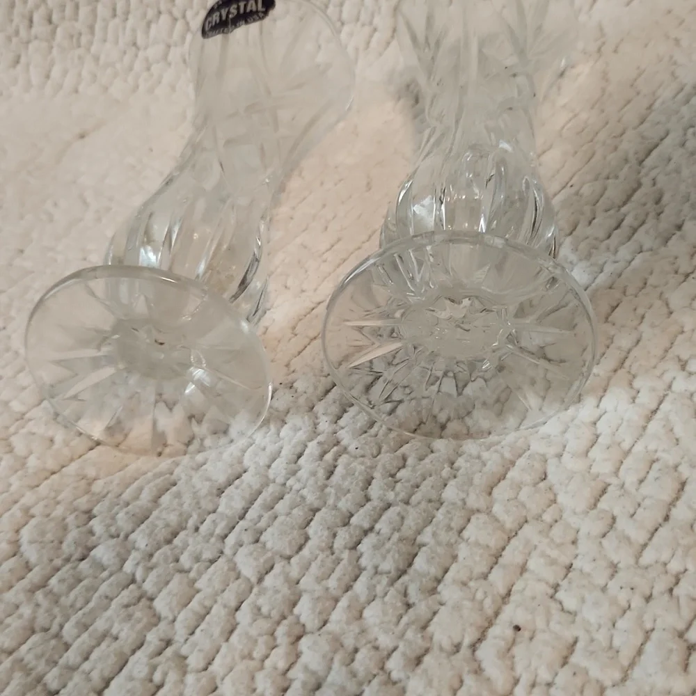 Vintage 90's 24% lead crystal etched glass scalloped opening set of 2 vases USA